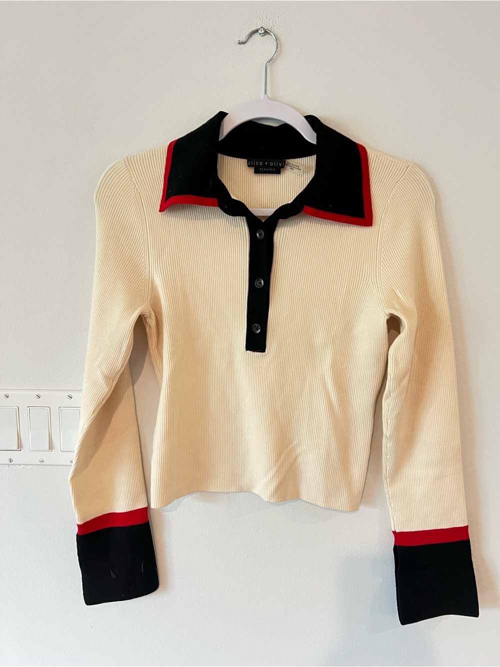 Alice + Olivia Pia Ribbed Long-Sleeve Polo Women’s Medium M Wool Blend